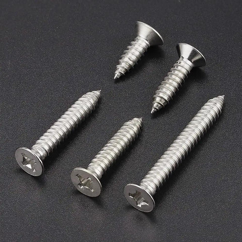 Heavy Duty Fifty Pack 12 X Half Inch Flat Head Phillips Self Tapping Screws Stainless Steel 304 on a black background.