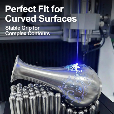 Pro Grade Universal Clamp Fixture For CNC Machining And Laser Marking, SUS Stainless Steel Pin Clamp gripping a floral vase