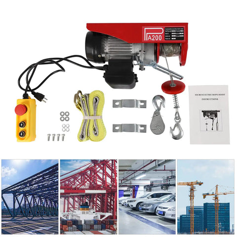 Top Rated 110V Electric Hoist Winch With Remote Control, 440 Lb Capacity for Factories Warehouses Garages And Construction Sites, includes hardware and control.
