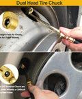 Heavy Duty Air Chuck Set With Dual Head And Ball Head Chucks for bike, motorcycle, car, truck tire inflation shown in use