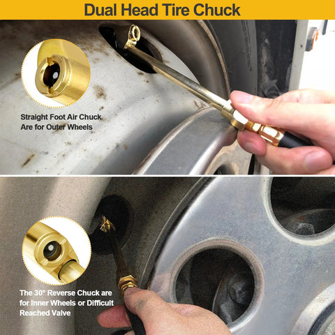 Heavy Duty Air Chuck Set With Dual Head And Ball Head Chucks for bike, motorcycle, car, truck tire inflation shown in use