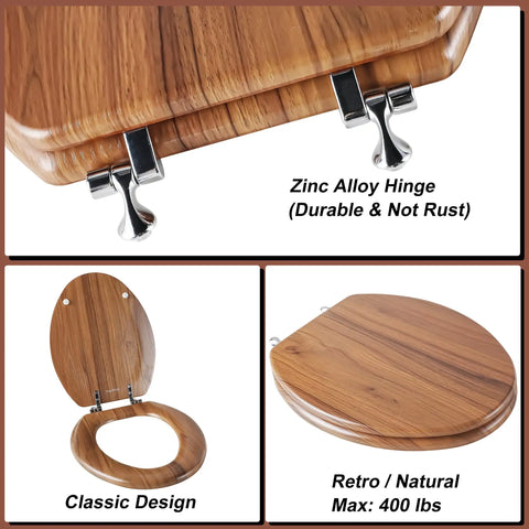 Round Toilet Seat Made From Molded Wood With Zinc Alloy Hinges For No Fuss Quick Install And Easy Cleaning Anti Pinch Design