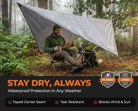 Man sitting under Lightweight Hammock Rain Fly Waterproof Shelter For Camping And Backpacking, gray ripstop tarp in forest