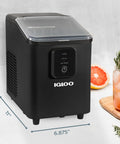 Front view of black Igloo countertop ice maker with clear lid and front control panel.
