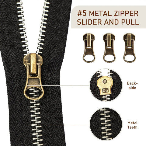 Close-up of Number Five Zipper Sliders Repair Kit with metal zipper sliders and pull replacements for coats and jackets.