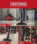 6 Gallon Wet Dry Shop Vacuum With 3.5 Peak HP Power shown in use for wet and dry applications in home and garage settings.