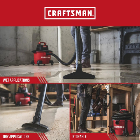 6 Gallon Wet Dry Shop Vacuum With 3.5 Peak HP Power shown in use for wet and dry applications in home and garage settings.