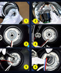 Installation steps for 2.5 Inch Mini Projector Lens for H1 headlights retrofit with chrome shroud, shown in six stages.