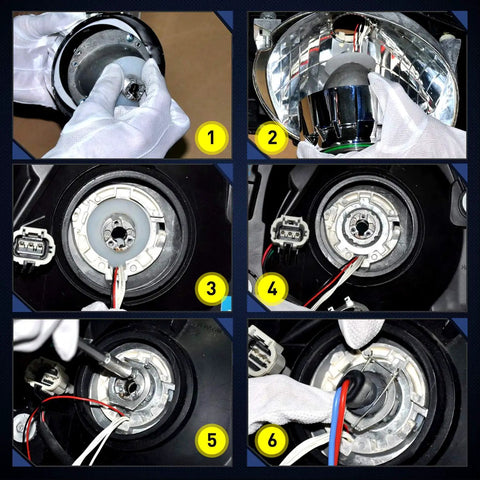 Installation steps for 2.5 Inch Mini Projector Lens for H1 headlights retrofit with chrome shroud, shown in six stages.