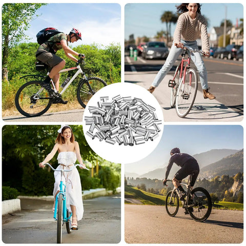 Collage with cyclists and 100 Pcs 5mm Bike Brake Cable Housing Ferrule End Caps And Crimps For Mountain And Road Bikes Must Have Silver Shifter Wire Housing Replacement Accessories Pack in center.