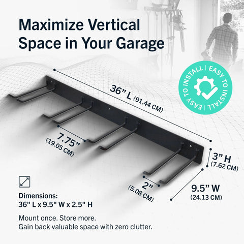 36-Inch Garage Tool Organizer Wall Mount Heavy Duty Steel Rack With Four PVC Coated Hooks 250 Lb Capacity Perfect Garden Tool Storage.