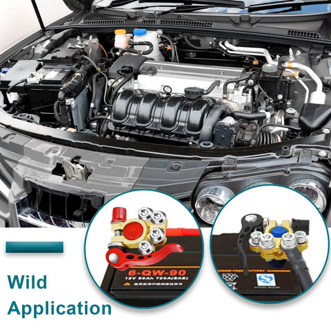 Car engine showing installation of 4 Way Quick Release Battery Terminal Connectors For SAE JIS Type A Posts, 2 Pack.