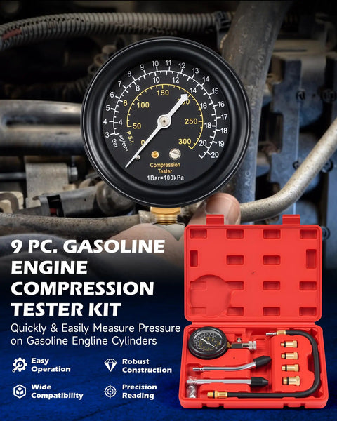 8-Piece Gas Engine Cylinder Pressure Test Kit With 300 PSI Dual Gauge, all-in-one compression tester set in red case