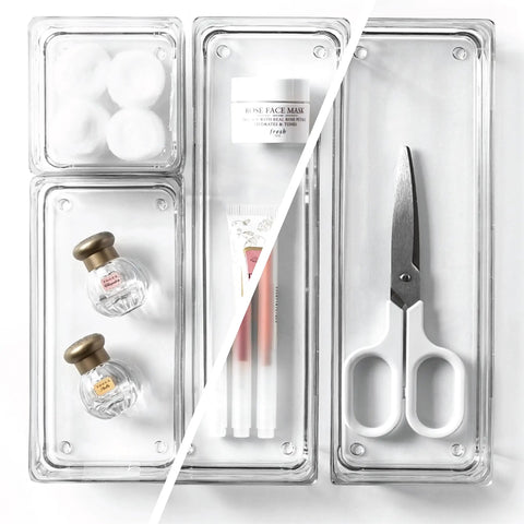 4 Piece Modular Drawer Bin Set For Bathroom And Vanity Organization Small Plastic Organizer Bins with various items like cotton balls and scissors.