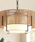 A Straight Up Game Changer 4Light Rattan Chandelier With Linen Drum Shades, natural wicker and fabric for dining areas.