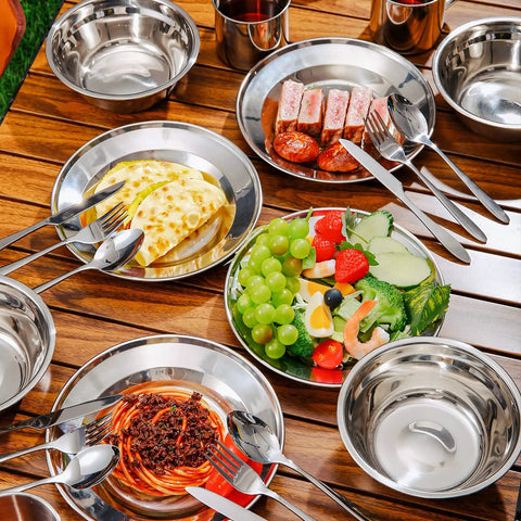All In One 29 Piece Stainless Steel Camping Mess Kit For 4 With Bowls Plates Cups Forks Spoons And Knives In Durable Carry Case