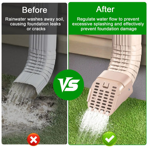 Comparison of downspouts before and after installation of Two Pack Type A Downspout Extenders For 3x4 Inch Gutters With Leaf Guard Easy Install Diverter Outlet Filter Keeps Debris Out And Water Flow Clear Fits Standard Gutter Systems And Downspouts, showing reduced water splash and debris filtering.