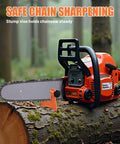Chainsaw placed on wood log using stump vise from Universal Field Chainsaw File Kit 14 Piece Sharpening Set With Stump Vise File Guide Depth Gauge