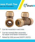 Three Quarter Inch Quick Connect Brass Tee Fitting For PEX Copper CPVC PE RT HDPE Plumbing product image.