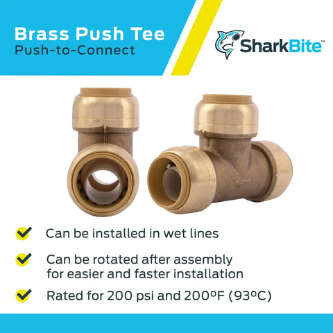 Three Quarter Inch Quick Connect Brass Tee Fitting For PEX Copper CPVC PE RT HDPE Plumbing product image.