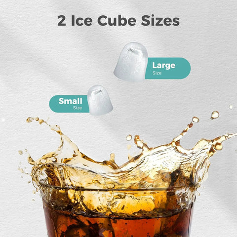 Image showing two ice cube sizes, small and large, above a splashing drink. Portable Countertop Ice Maker With Handle Delivers 9 Bullet Shaped Ice Cubes In About 6 Minutes 26 Lbs Per Day Self Cleaning Function Includes Ice Scoop And Basket For Home Kitchen Party Ready Grey