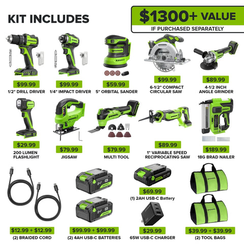 Pro Grade 24V Brushless 10 Piece Cordless Tool Kit With Drill And Impact Driver Plus Circular Saw Recip Saw Jigsaw Sander Light Multi Tool Nailer Grinder Includes Two Batteries And USB C Charger For DIY Pros product display