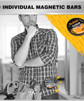 Person pondering in workshop with tools on bench, promoting Beefy Magnetic Tool Holder Storage Organizer Set, 6 Piece, 12 Inch Wall Mount Rack.