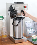Commercial Airpot Coffee Brewer With 2.2L 74oz Thermal Carafe Stainless Steel Pour Over Coffee Machine 24 Hour Heat in use