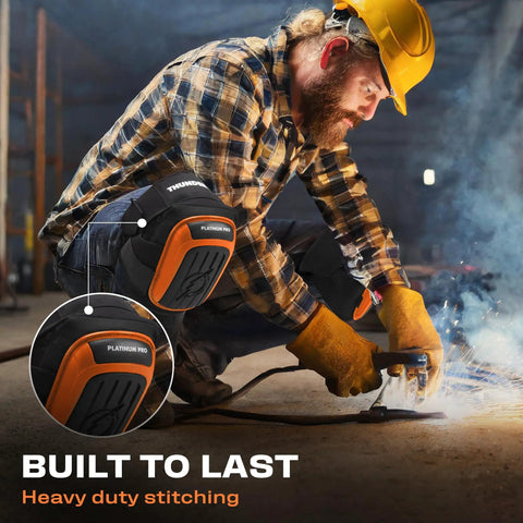 Person wearing heavy duty knee pads for work and home use with double gel comfort, extra thick foam while welding on construction site.