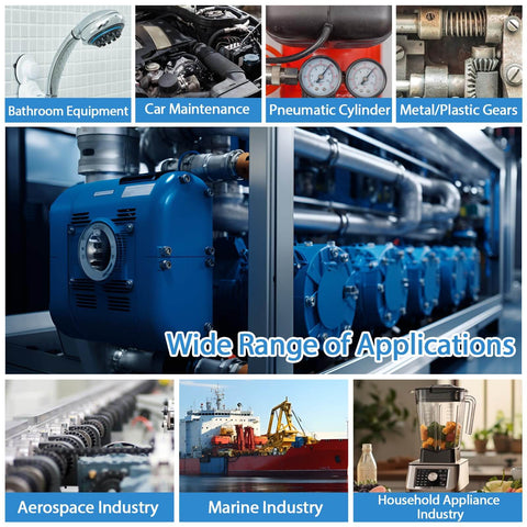 Collage showing applications of Food Grade Silicone Grease For Faucets And O Rings Valve Rubber Seals Pool Pump Lube in various industries