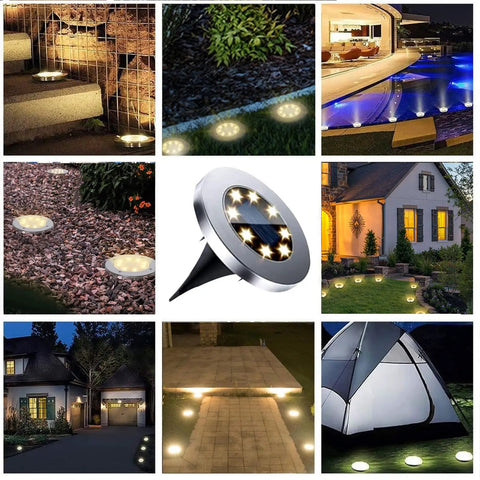 Image collage showing Bright Four Point Six Inch Solar Ground Lights with 8 LEDs illuminating outdoor spaces like gardens and walkways.