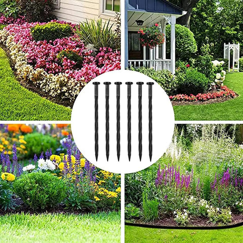 Collage showing garden landscapes secured with Rugged Plastic Landscape Anchoring Spikes Kit, 150 Count, 8 Inch Nylon Spiral Stakes.
