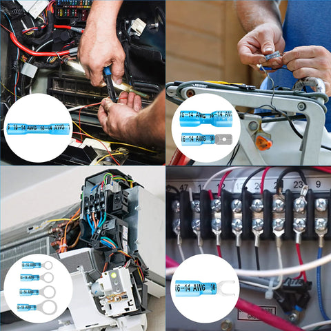 Kuject 320pc heat shrink wire connector kit with blue insulated 16-14 AWG terminals for automotive and marine wiring.