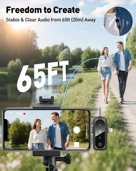 Couple using Wireless Lavalier Microphone 4 In 1 Clip On for iPhone Android USB C PC and Camera with Rotatable Clip outdoors