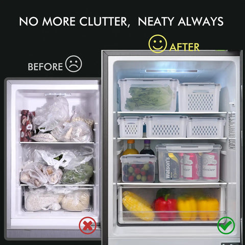 5 Pack Large Fridge Storage Containers Set With Leakproof Lids Removable Colander BPA Free Dishwasher And Microwave Safe Go To Choice For Leftovers Meal Prep And Fresh Produce Up To 4.15L shown in organized fridge