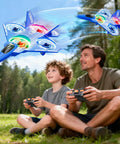 Father and son flying Kid Friendly RC Airplane Drone With One Key Takeoff Landing Headless Mode 360 Degree Flips Auto Hover For Beginners Outdoor Flying Toy Gift For Boys in a park.
