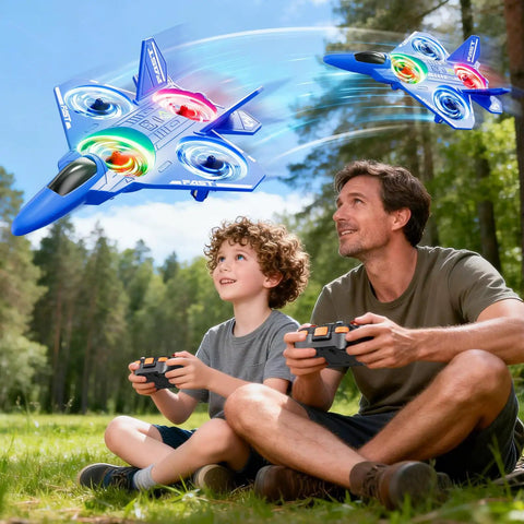 Father and son flying Kid Friendly RC Airplane Drone With One Key Takeoff Landing Headless Mode 360 Degree Flips Auto Hover For Beginners Outdoor Flying Toy Gift For Boys in a park.
