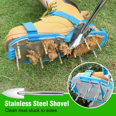 Lawn Aerator Shoes For Grass And Yard Care, preassembled with durable aluminum base and hook straps, shown with mud on spikes
