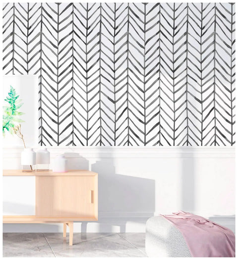 Black And White Peel And Stick Wallpaper Stripe Herringbone Geometric Textured Self Adhesive Contact Paper on white wall in living room.