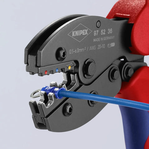 Pro-Grade Three-Position Contact Crimping Pliers With Self-Releasing Mechanism, Precision Dies, factory calibrated, in use.