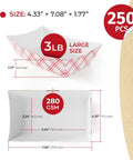 Heavy Duty Red Disposable Food Trays 3lb Capacity Workhorse Bulk Pack 250 Count For Concession Stands Nachos Popcorn Carnival And Party Foods Large Paper Boats For Commercial Food Service side view and measurements