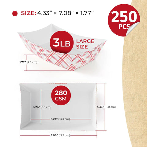 Heavy Duty Red Disposable Food Trays 3lb Capacity Workhorse Bulk Pack 250 Count For Concession Stands Nachos Popcorn Carnival And Party Foods Large Paper Boats For Commercial Food Service side view and measurements