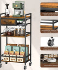 Four Tier Coffee Bar Cart With K Cup Holder And Milk Frother Stand Featuring Hella Convenient Storage Layout In Rustic Brown Finish, showcasing mobile design and storage.