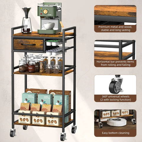 Four Tier Coffee Bar Cart With K Cup Holder And Milk Frother Stand Featuring Hella Convenient Storage Layout In Rustic Brown Finish, showcasing mobile design and storage.