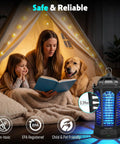 Outdoor And Indoor 3 In 1 4500V Mosquito Killer With Camping Light and Cordless Rechargeable Power next to a reading family in tent