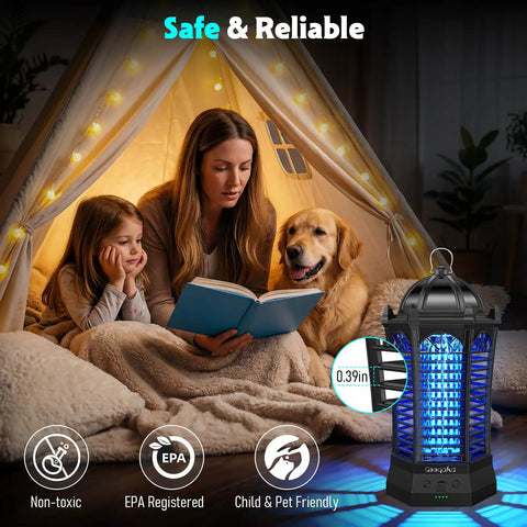 Outdoor And Indoor 3 In 1 4500V Mosquito Killer With Camping Light and Cordless Rechargeable Power next to a reading family in tent