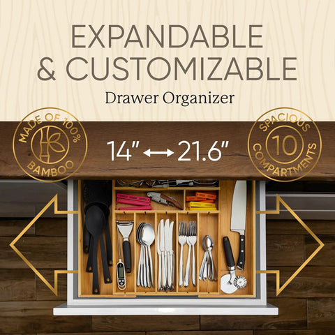 Extra Deep Silverware Drawer Organizer With Adjustable Dividers Expands From 14 To 21.6 Inches Bamboo Flatware Tray For Kitchen