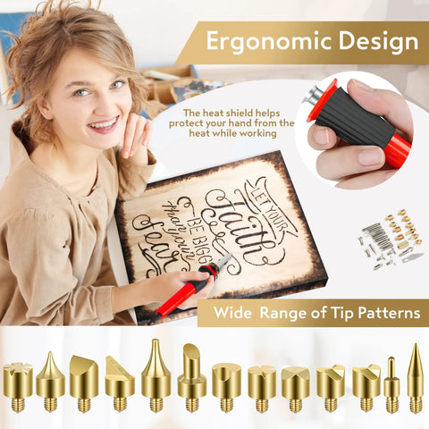 Woman using Pro Grade Wood Burning Kit With Letters For Pyrography Adjustable Temperature Pen Safety Stand 27 Tips With Cutting Blade