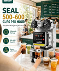 Shop Ready Full Automatic Boba Tea Cup Sealer Machine Crushes The Rush At 600 Cups An Hour with drinks sealing in a cafe.
