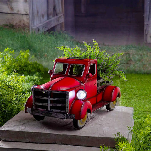 Solar Powered Pickup Truck Garden Decor Old School Retro Style Flower Pot With Car Light Small Metal Planter 20x12x15cm